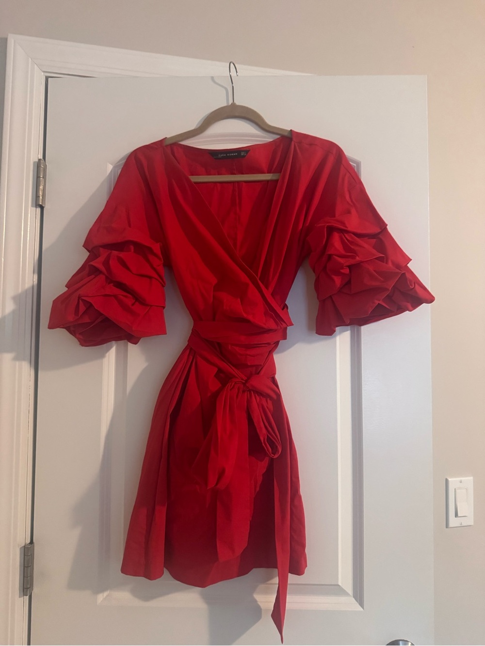 Zara Red Wrap Dress with Statement Ruffle Sleeves